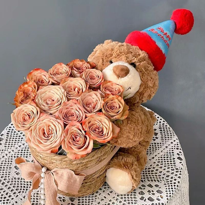 Oso de peluche con flores eternas para regalo de Año Nuevo, oso de peluche con ramo de flores para regalo de cumpleaños para amigas