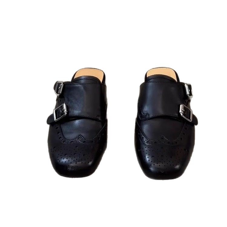 La marea no es sur ~ Zapatos con cabeza de bolso negro de cuero cruzado de un pie para mujer retro todo fósforo cabeza cuadrada media pantufla Brock