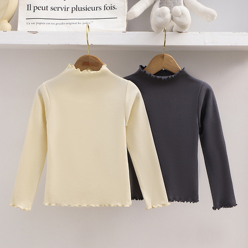 Children's T-shirt wholesale, solid color mushroom edge children's top, base shirt for girls, long-sleeved T-shirt for autumn.