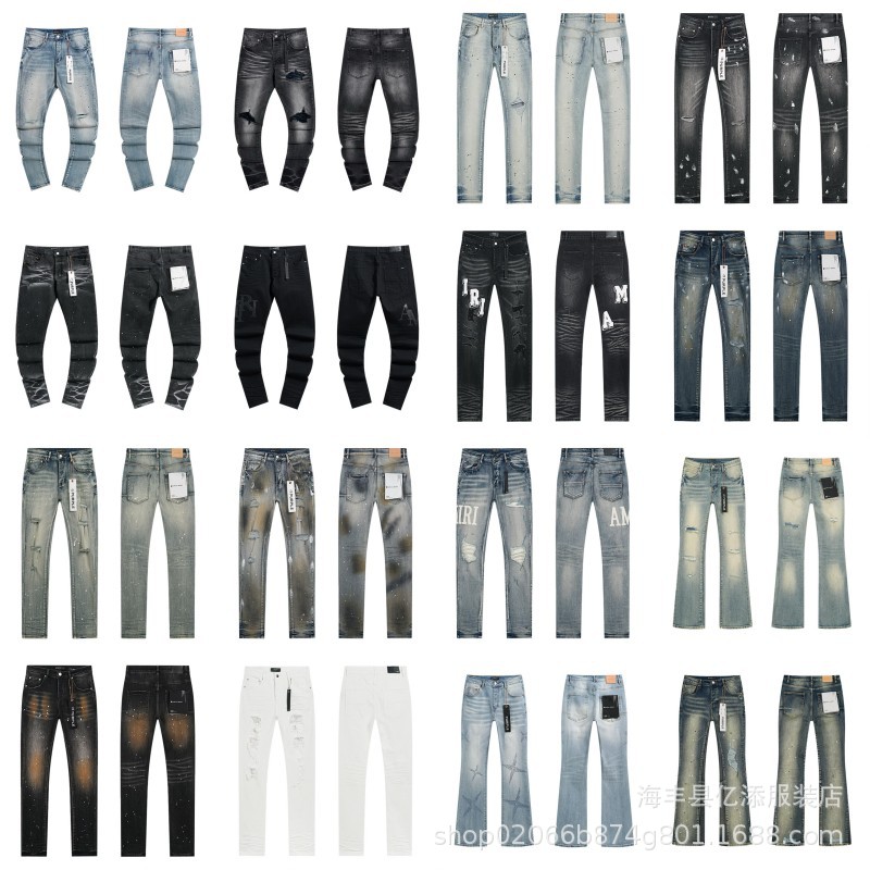 Cross-Border Export Purple American High Street Ripped Patch Trendyy Retro Straight Am Washed Jeans Pants for Men