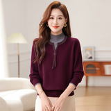 羊毛撞色半开领长袖羊毛衫假两件时尚休闲显瘦内搭秋冬打底衫女，女装针织衫/毛衣，妃慕昵服饰