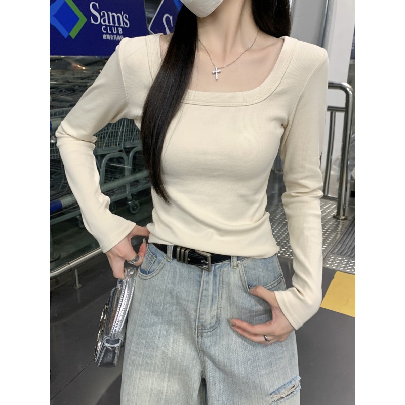 Solid Color Square Collar Right Shoulder Bottoming Shirt for Women 2025 Spring Pure Desire Leaking Collarbone Inner Top Ins Short Long-Sleeved T-Shirt