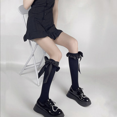 Heavy-duty satin ribbon-tied bow lace trim black and white velvet calf-length socks—Japanese-style sweet & youthful mid-calf stockings