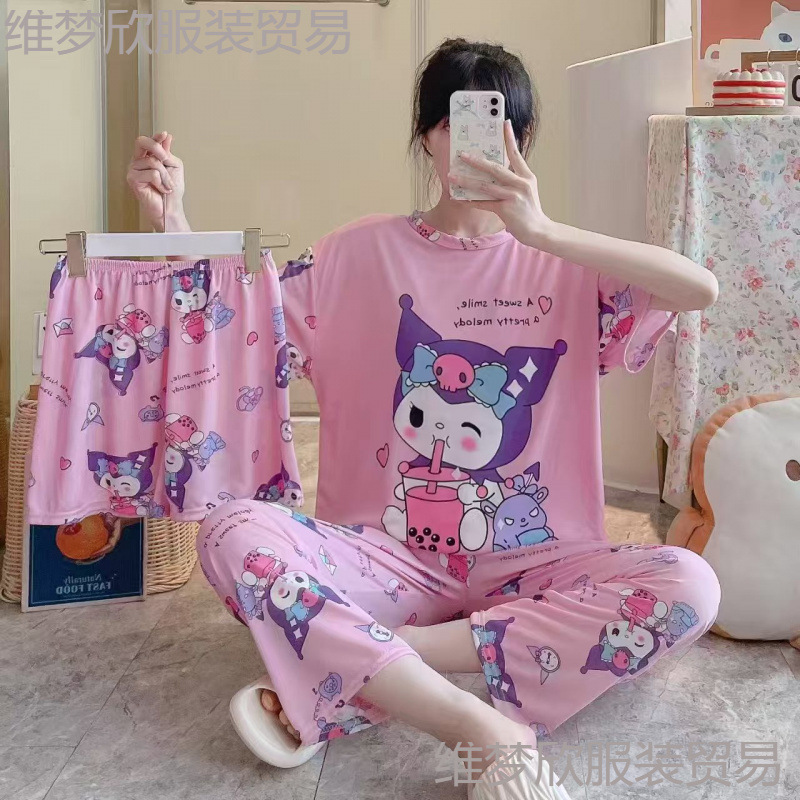新款睡衣三件套装短袖短裤长裤夏季卡通甜美韩版宽松家居服