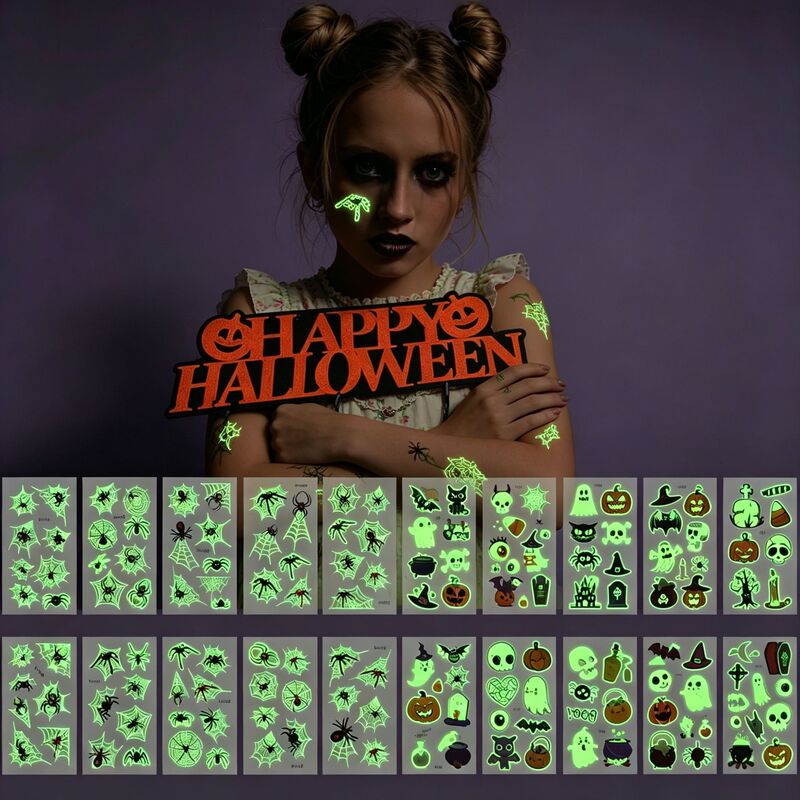Cross-Border Hot Selling Halloween Glow-In-The-Dark Tattoo Stickers Spider Web Skull Cartoon Luminous Masquerade Face Stickers