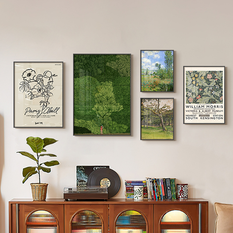 中古客厅装饰画绿色摄影风景小众组合挂画美式复古沙发背景墙壁画