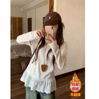 纯色简约蕾丝边德绒圆领长袖t恤女秋冬设计感显瘦慵懒百搭上衣潮