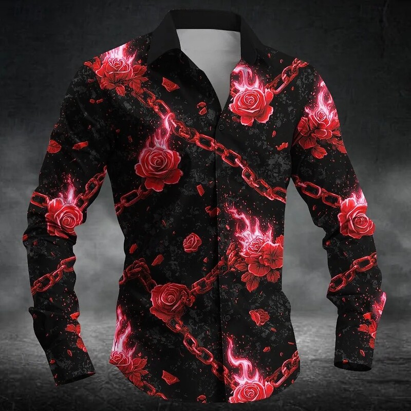 Men's Long-Sleeved Shirt - 3D Skull Print Button-Down Casual Men's Long-Sleeved Shirt