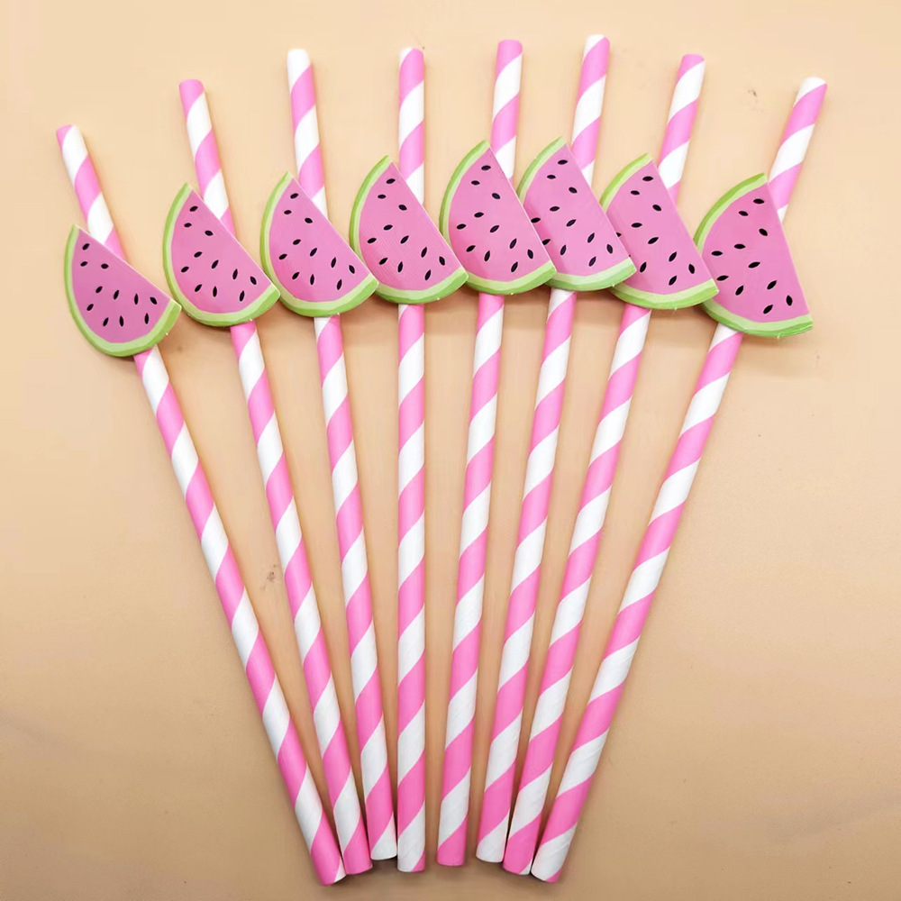 Red de papel de paja roja Tarjeta de sandía decoración desechable degradable postre leche té bar partido creativo paja