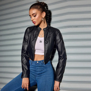 European and American Fashion 2024 Autumn New Women's Punk Fashion Street Slim-fit stand collar zipper long sleeve coat for women