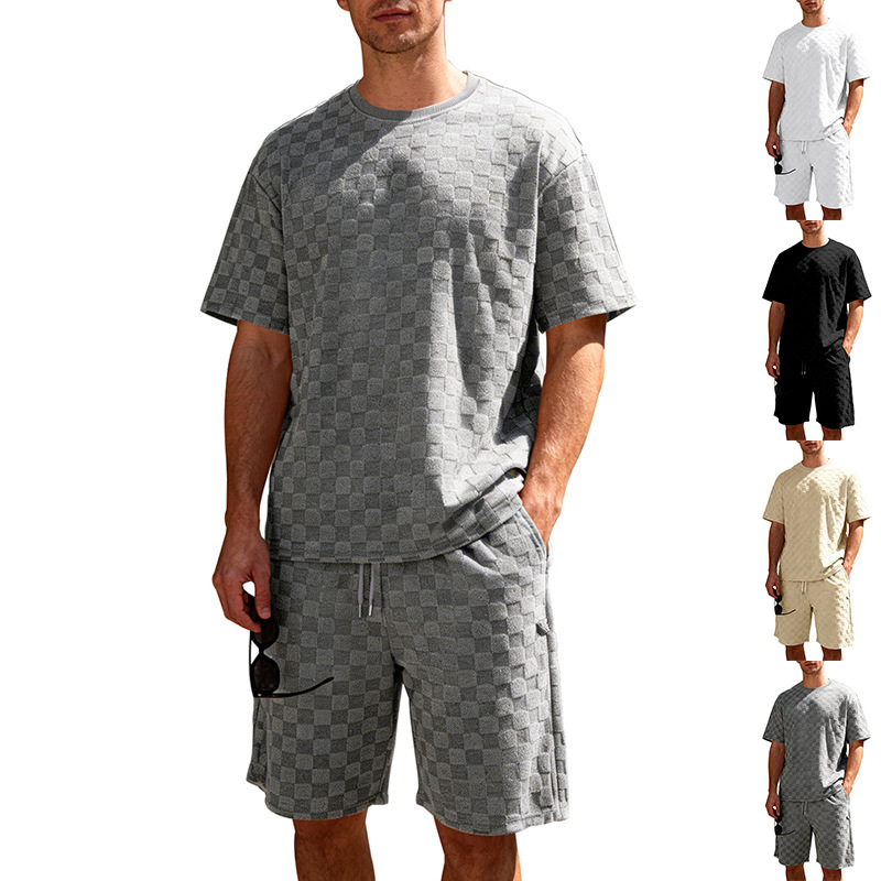 Muscle Doctor Men's Summer Jacquard Checkered Short Sleeve T-Shirt & Shorts Set, Loose Fit High Street Casual Outfit_viptrois.com