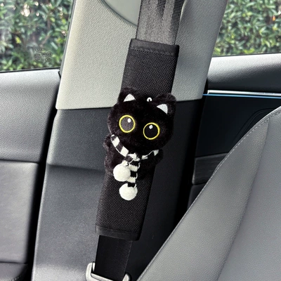 Cute Little Black Cat Car Seatbelt Seat belt shoulder pad - black-and-white-scarf-black-cat-linen-shoulder-pads-black
