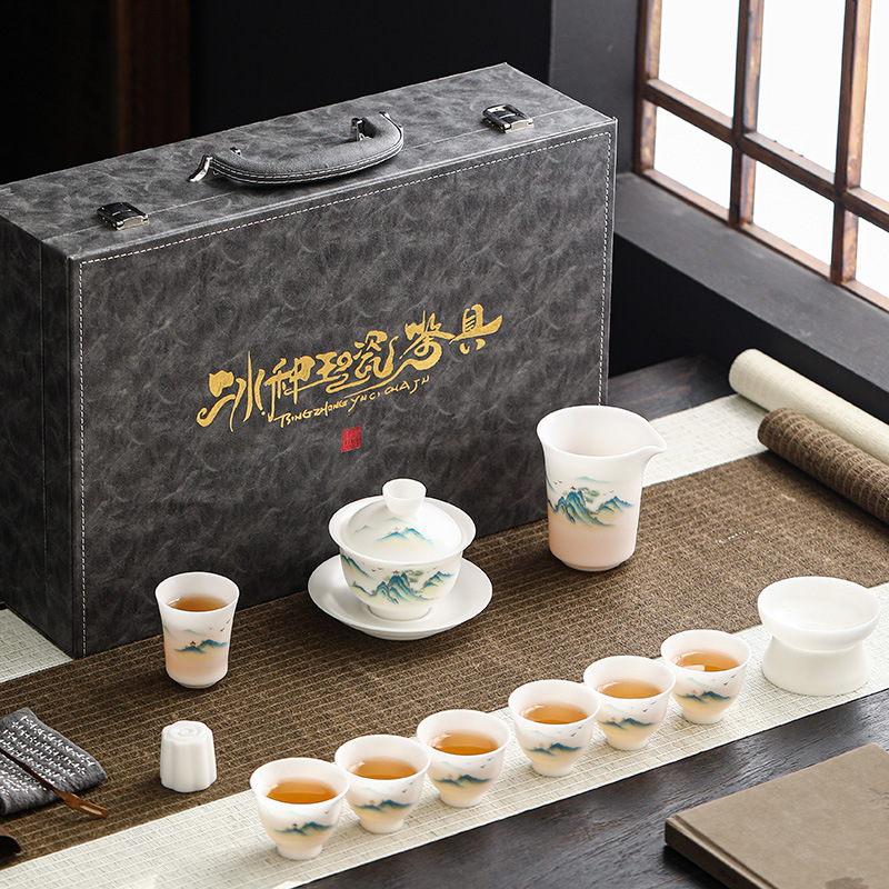 羊脂玉冰種玉瓷千里江山素燒功夫茶具套裝三才蓋碗家用辦公禮盒裝