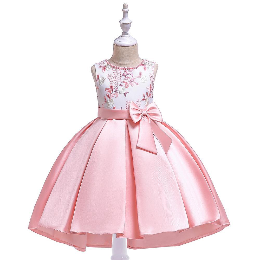 Europeo y americano nuevo trailing vestido niñas hecho a mano con cuentas bordado princesa vestido sarta satén arco dovetail vestido
