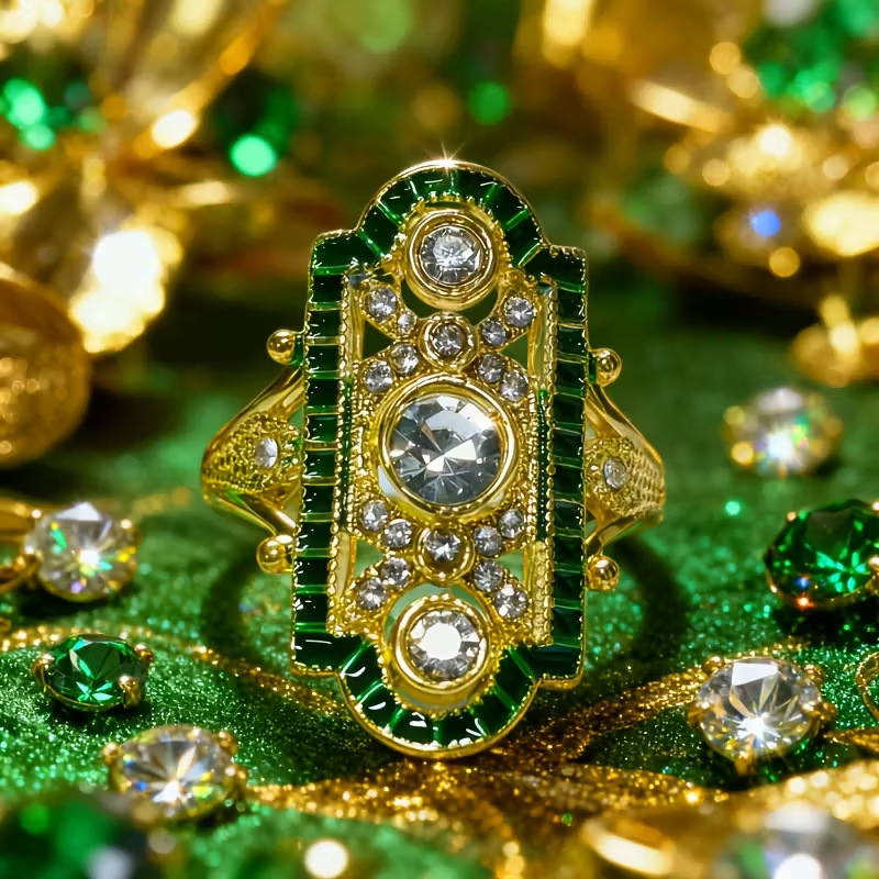 Cross-border Explosion Alloy Ring Fashion Emerald Zircon Engagement Ring Luxury Round Diamond Zircon Ring Bracelet