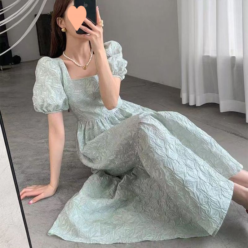 大码女装浅绿色泡泡袖连衣裙女2025夏新款方领法式感提花长裙|undefined