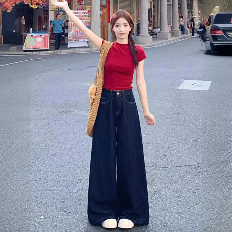 American Style dark blue Wide Leg Jeans Women's Summer Thin Small Size Loose Slimming Tight Straight Pants Trendy