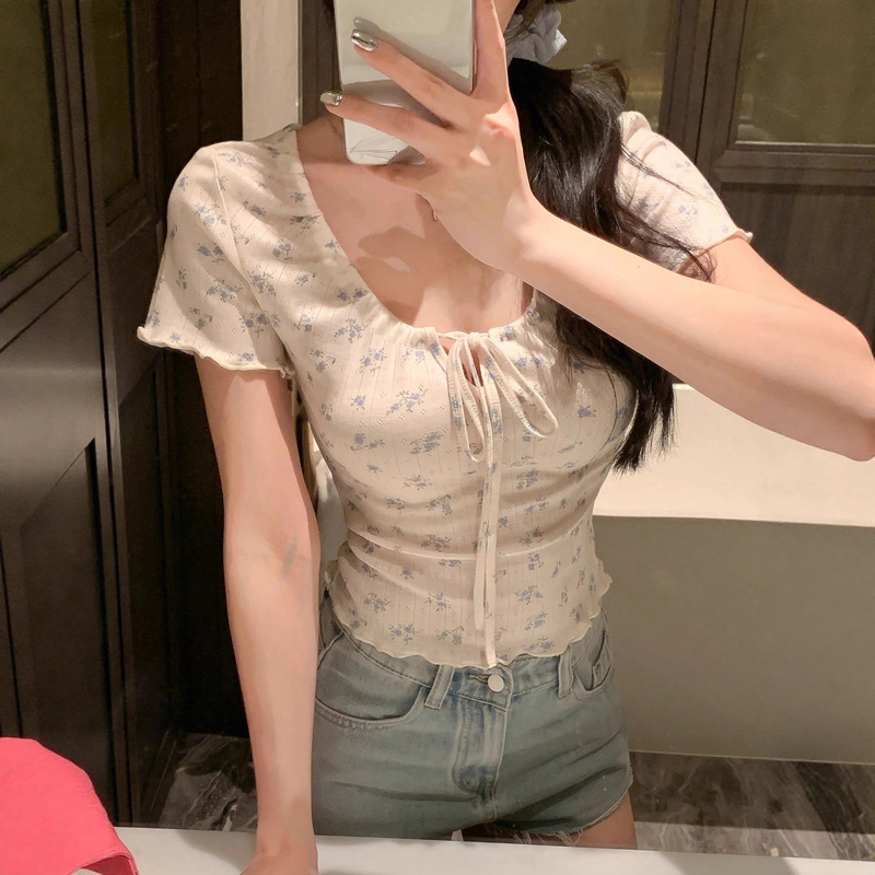 French Sweet Sexy Floral U-Neck Short-Sleeved T-Shirt for Women Summer Bm Style Bow Tie Chic and Beautiful Short Top French Sweet Sexy Floral U-Neck Short-Sleeved T-Shirt for Women Summer Bm Style Bow Tie Chic and Beautiful Short Top