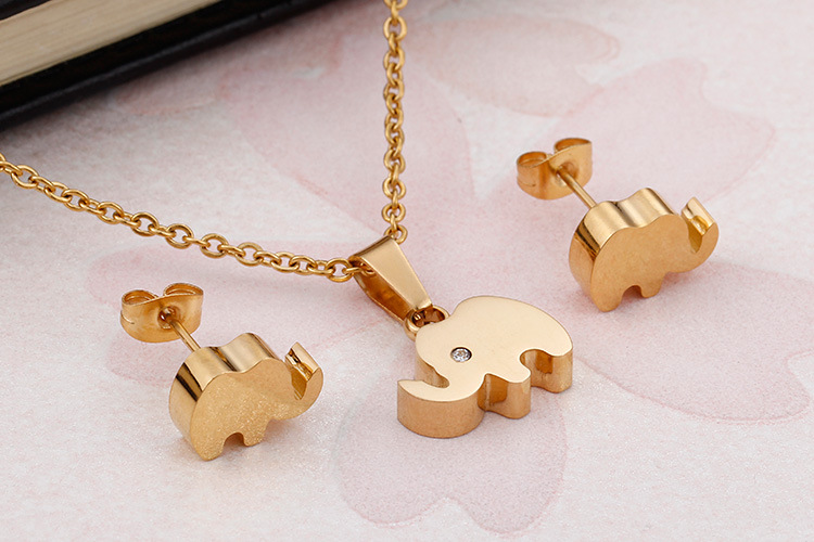 Korea Diamond Fashion Cute Elephant Necklace Clavicle Chain Earring Set