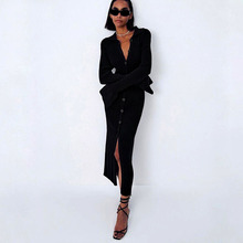 欧美跨境2024新款女装时尚通勤大牌喇叭袖开衫翻领显瘦针织长裙