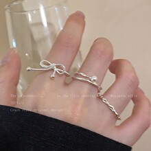 韩系银色蝴蝶结珍珠绑带戒指轻奢小众气质开口食指戒网红指环批发