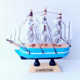10公分白帆地中海风格木制帆船纯手工制作工艺品摆件浅蓝蛋糕摆件