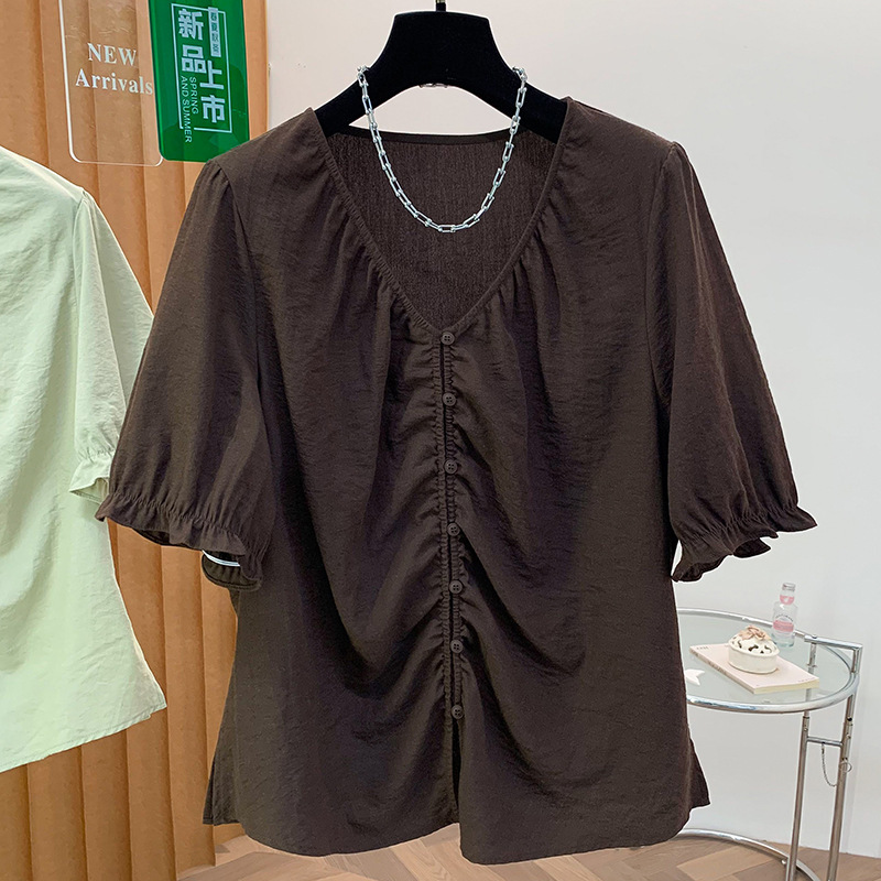 Summer New Style V-Neck Shirt for Women, Designed to Hide and Flatter the Figure, with Slightly Puffed Sleeves and Regular Shoulder Short Sleeves