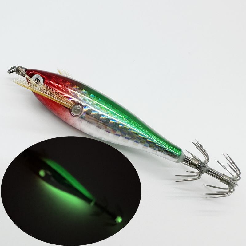 5,5g/7,5 cm láser horizontal camarón pulpo calamar gancho ocho cinturón luya cebo falso camarón de madera simulación peces luminosos