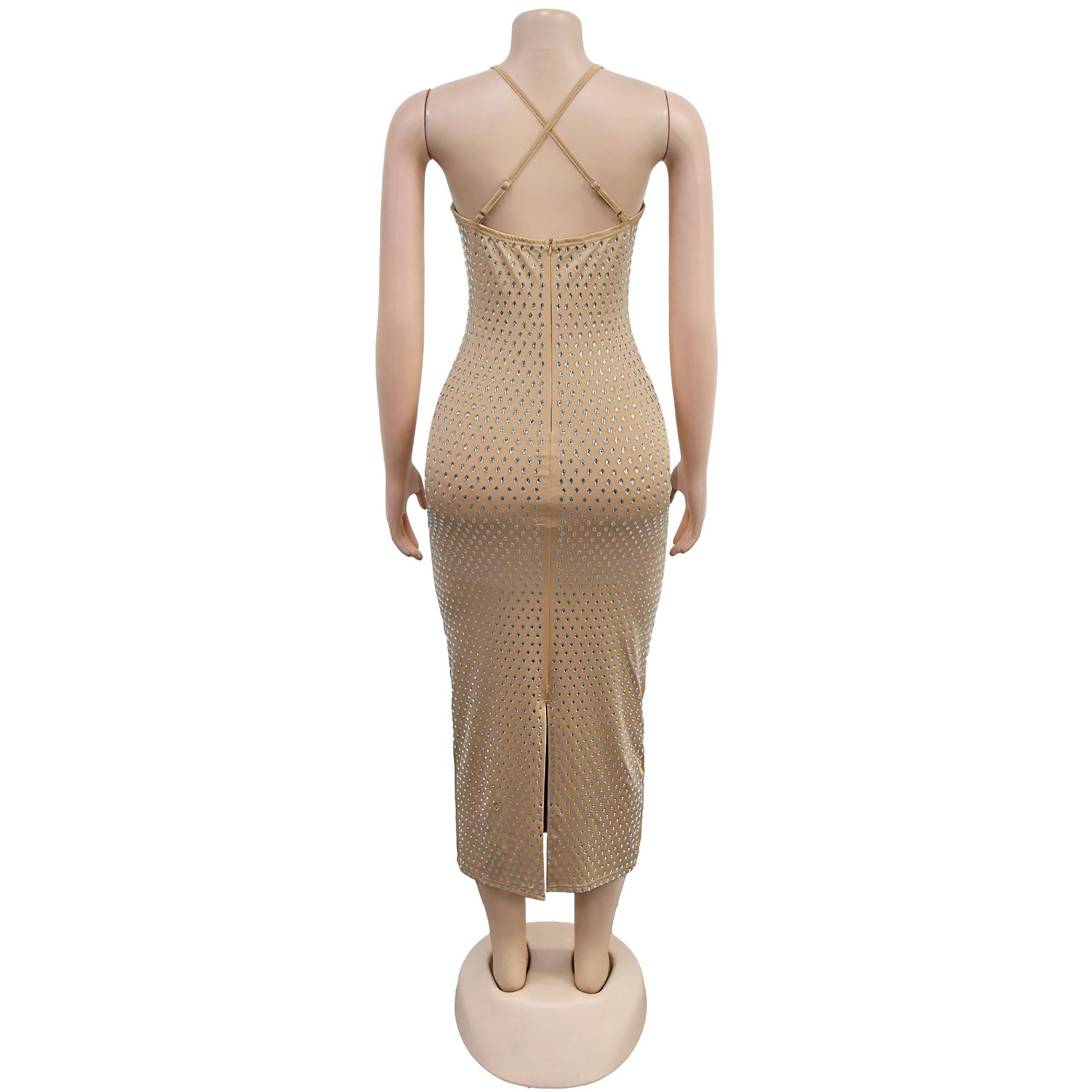 Women Wear Rhinestone Slim Fit Arm Covering Solid Color Sexy Dress