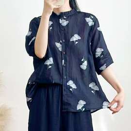 银杏叶印花苎麻衬衫女2026夏季休闲气质苎麻上衣宽松立领短袖开衫