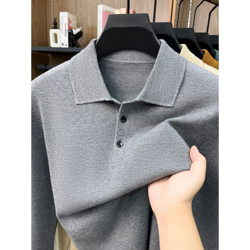 Wholesale men's fashion: popular turn-down collar long-sleeve knit sweater, new autumn and winter casual solid color base shirt for men
