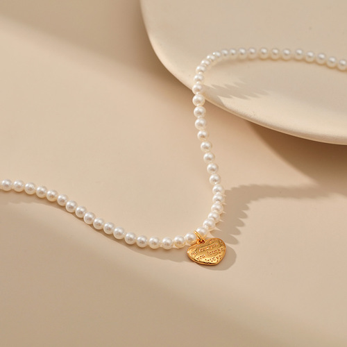 French Pearl Bead Chain Necklace with Elegant and Luxurious Feel, Heart Pendant Plated with 18K Real Gold, Colorfast and Sweet Jewelry