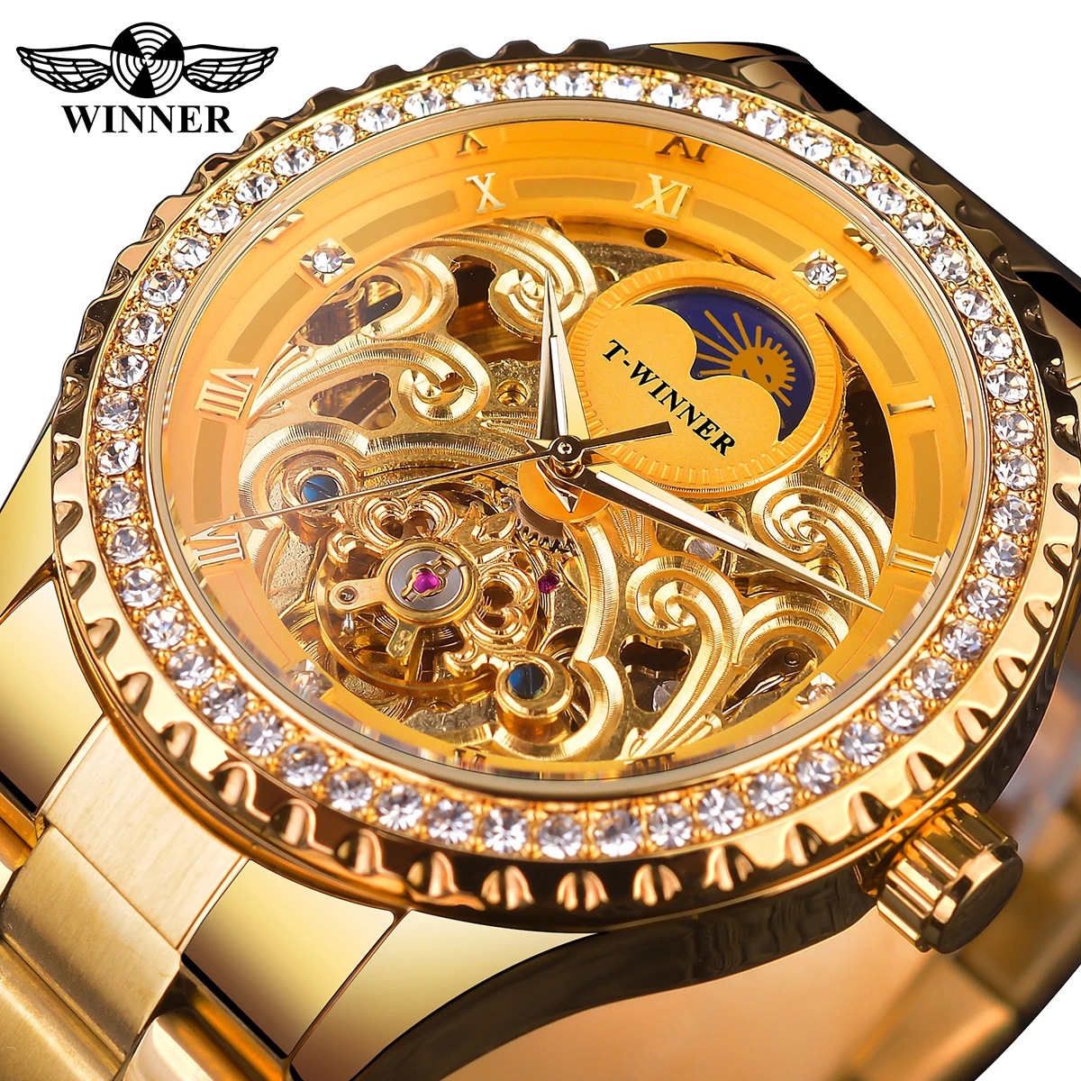 Nuevo ganador europeo y americano estilo Sol rueda hombres moda hueco retro rhinestone reloj automático reloj mecánico