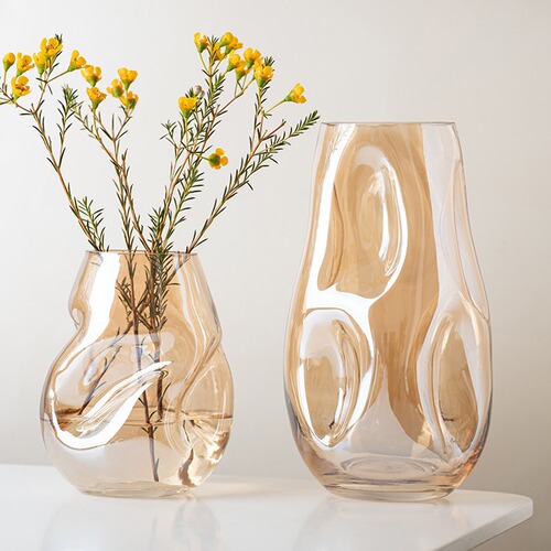 Modern light luxury irregular amber vase, hotel club sample room glass decoration, gold irregular vase
