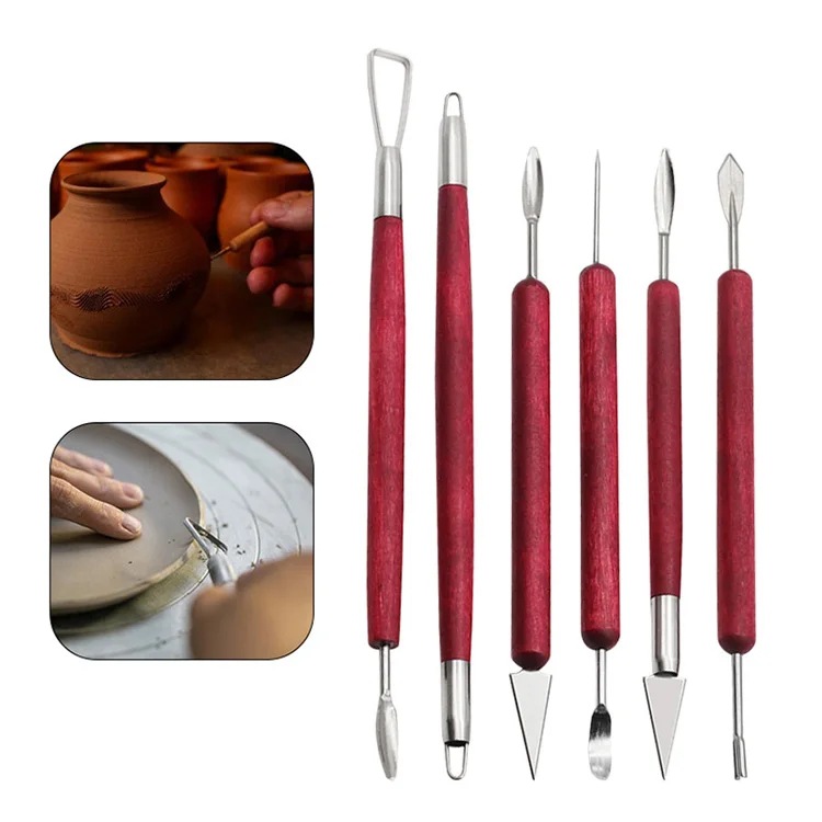 Cross-border DIY pottery tools set, six-piece mahogany set, wooden clay, wood carving tools, knives, sculpting and shaping tools.