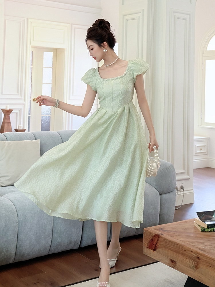 Váy tay phồng cổ vuông kiểu Pháp dáng suông midi — chuồn chuồn xanh