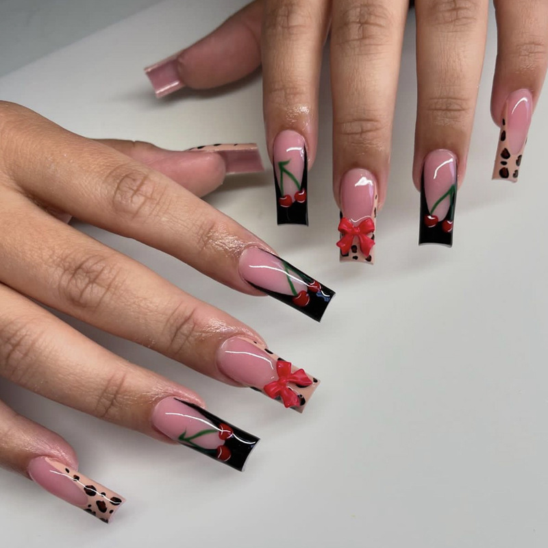 Cross-border Explosions Wear Armor Leopard Print French Side Long Coffin Cherry Bow Decoration Fake Nail Nail Art