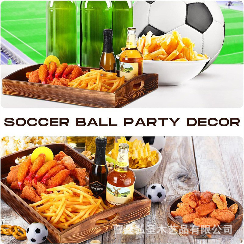 Plato de madera con forma de fútbol, fiesta, plato de comida cocinada, plato de bocadillos redondo cuadrado de madera con mango