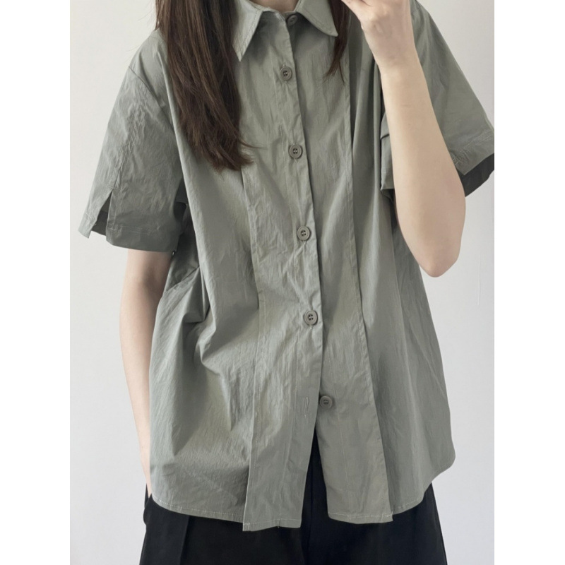 日系短袖衬衫女夏季复古设计感小众工装polo领薄款夏天衬衣外套潮|undefined