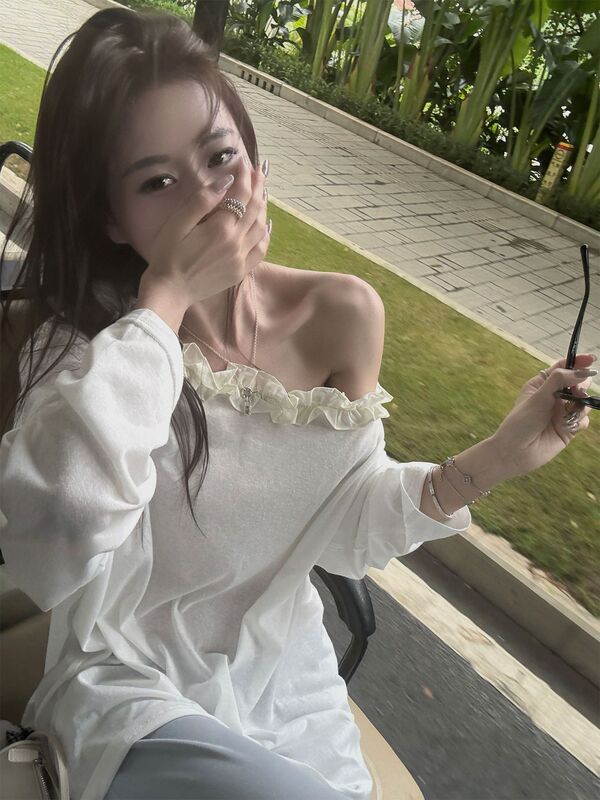 【工厂直销】雪花麻感拼接慵懒随性花边露肩木耳边斜领长袖T恤女|undefined