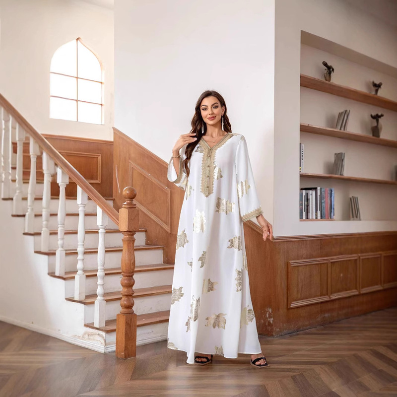 Foreign Trade Style Long Robe with Gold Stamping, Simple Slim-Fit Women's Dress, Abaya Long Dress