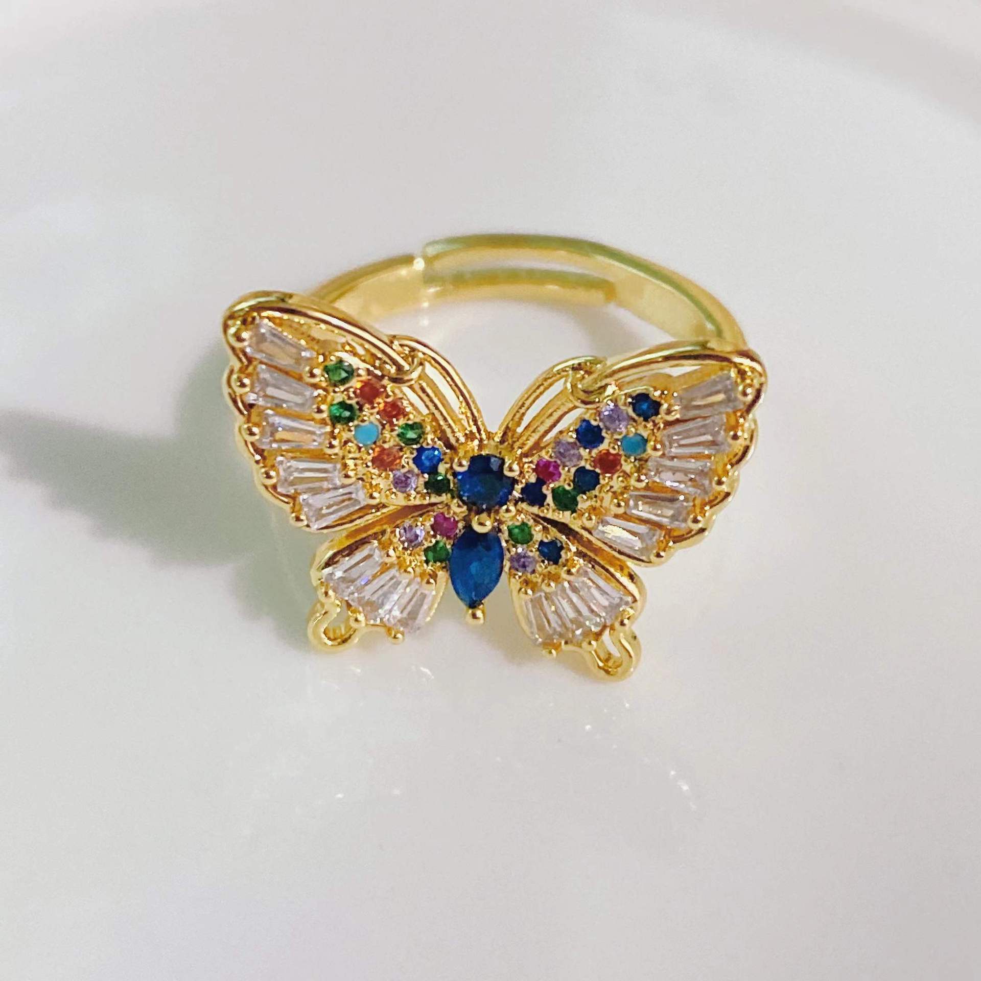European and American fashion trend ring 18k gold plated zircon butterfly open female ring