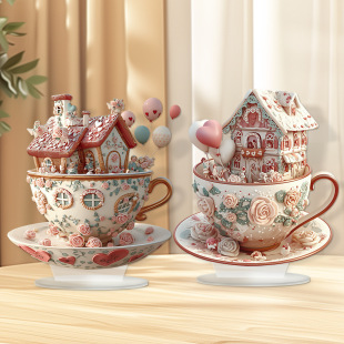 Cross-border Valentine's Day European-style Dream Castle Tea Cup Valentine's Day Desktop Decorations Acrylic Waterproof Wear-resistant Ornaments