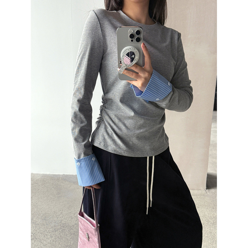【Zichuan】Versatile Cuffed Sleeve Shirt T-shirt for Women, Spring Round Neck Pullover Slim Fit Unique Top 5112