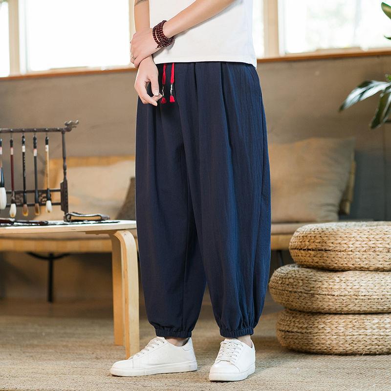 Pantalones anchos de algodón y lino, pantalones harem de estilo fino de verano para hombres, estilo chino, gordos sueltos de gran tamaño, pantalón de nueve puntos