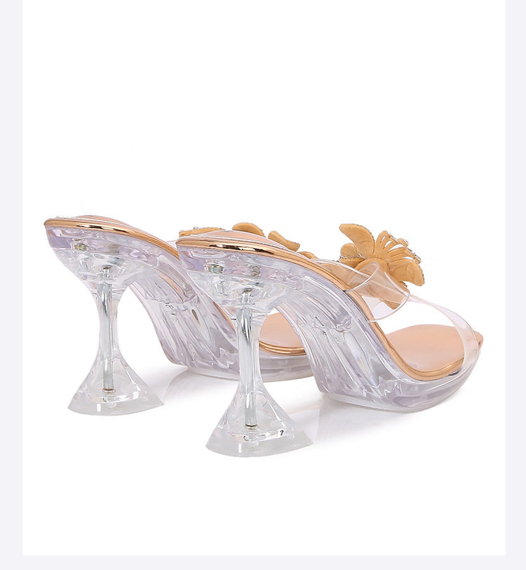 Sandal nữ quai ngang gót ly trong suốt đính hoa đá lấp lánh, gót 6–8 cm — Vàng Sâm Banh, bạc chi tiết 19