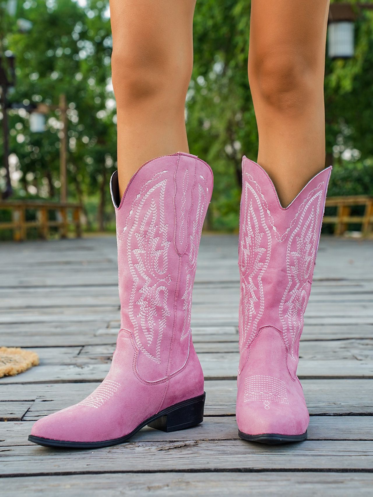 Women's Embroidered Pointed Toe Cowboy Boots Chunky Heel Suede_voghion.com