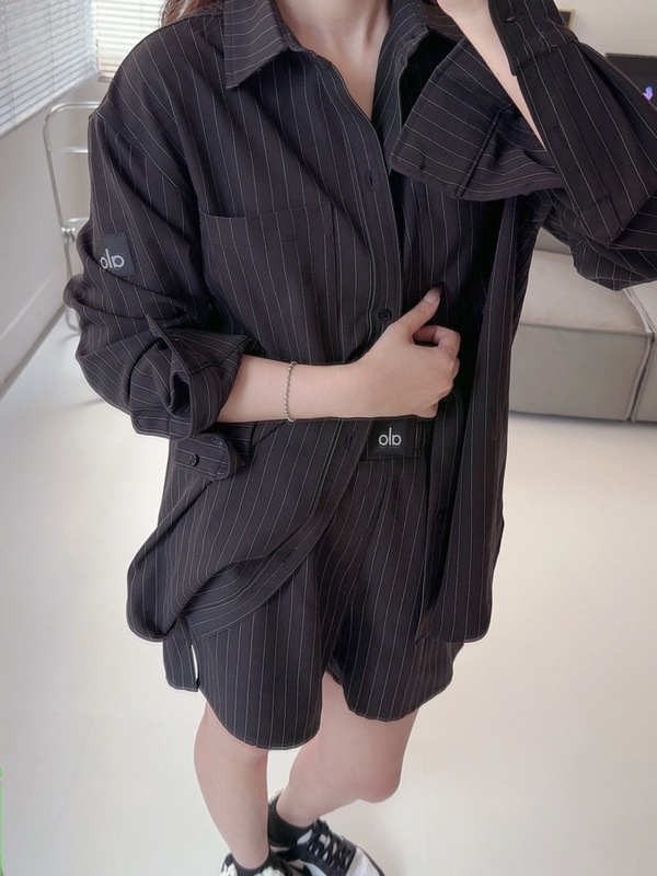 alo新款休闲条纹长袖衬衫短裤套装女百搭宽松显瘦简约优雅慵懒风|undefined