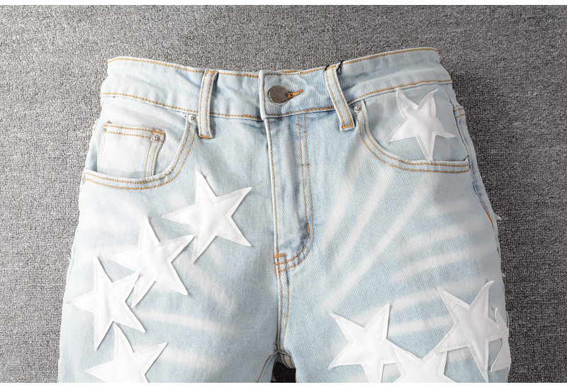 Jean homme slim fit élastique avec trous aux genoux et étoiles_voghion.com