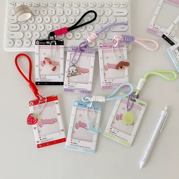 Hisocute DIY Strawberry Cartoon Pendant Card Holder Ins Style Fan Card Case Portable Work Id Card Holder